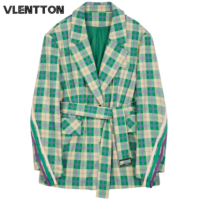 

2020 Spring Vintage Plaid Blazer Women Chic Sashes Loose Korean Suit Coat Female Jacket Outwear Tops Office Blazers Feminino