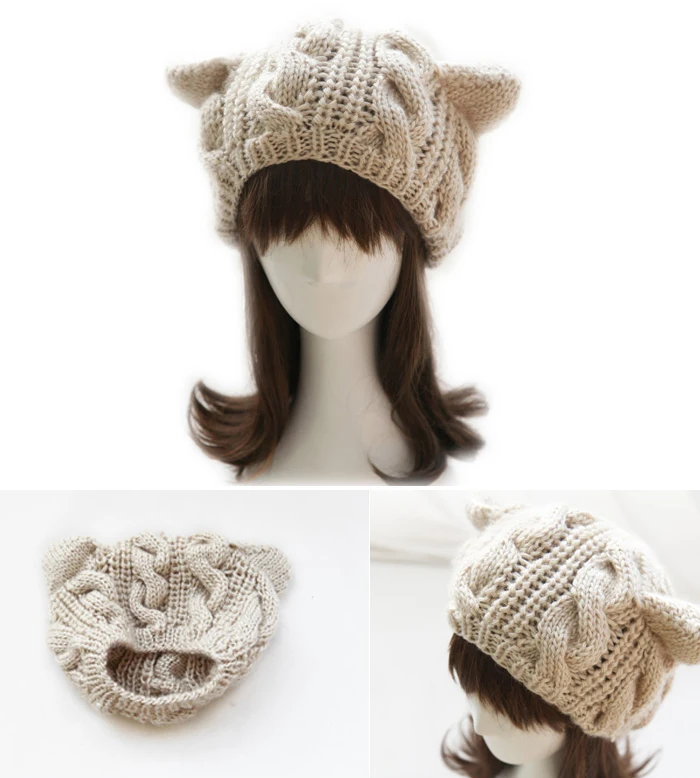 Новая мода леди Девушки теплое зимнее Вязание Шерсть кошачьими ушками круглая Лыжная Шапка FDM