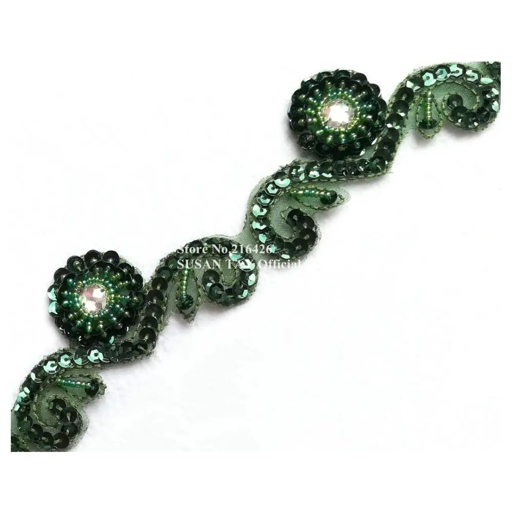 1yard 4.6cm Width Handmade Olive Green 3D Sequined Beaded Flower Lace Trimmings Sunrise Applique Dance Dress Costume DECOR BT90B