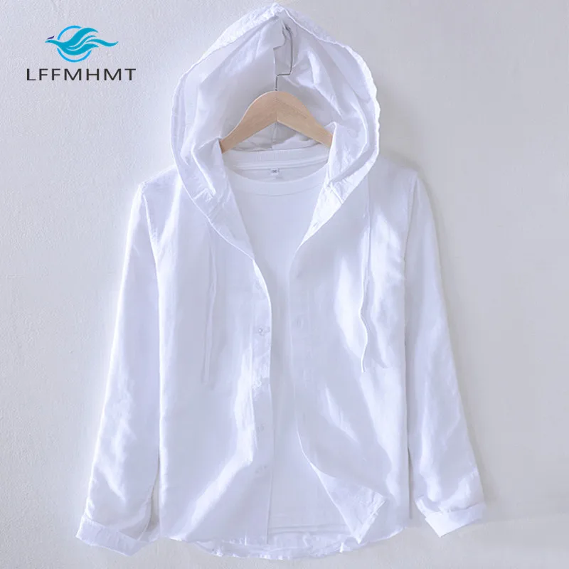 White Blouse Hooded-Shirts Cotton Linen Autumn Japan-Style Striped Casual Fashion-Brand
