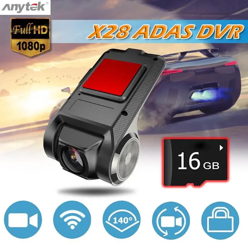 VODOOL Anytek X28 FHD 1080P Автомобильный видеорегистратор камера WiFi ADAS 150 объектив Dashcam+ 16 ГБ TF Карта