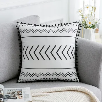 

Bohemian Style Plaid Pillow Cover Cushion Cover Geometric White Black Lines Tassels Cushion Cover Decorative Pillow Case Home