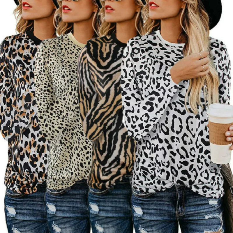 

2019 Autumn Fashion Women's Ladies Long Sleeve Leopard Printed O Neck Shirt Loose Casual Tops T-Shirt Plus Size XXL
