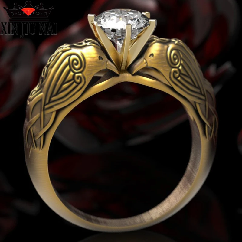 Retro Dark lines 18K Gold Party 925 Silver rings Raven Engraving bird Totem Rhinestone Inlay Jewelry punk Women men Cool ring | Украшения и