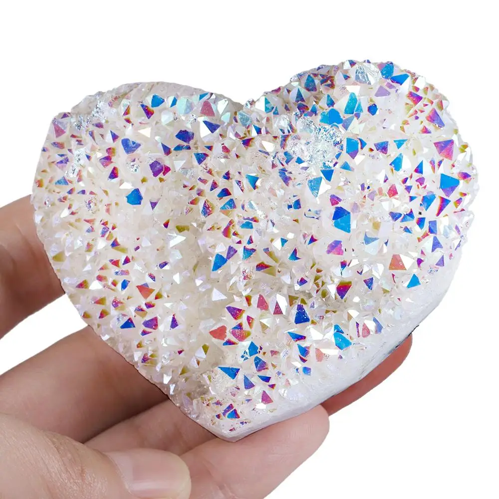 TUMBEELLUWA Titanium Coated AB Crystal Cluster Druzy Geode Heart Shape Gemstone Figurine for Meditation Reiki Healing Home Decor