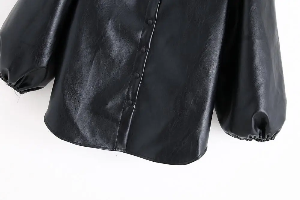 Highstreet Осенняя рубашка из искусственной кожи с отворотом и длинным рукавом, Женская однобортная блуза на пуговицах, повседневные топы черного цвета