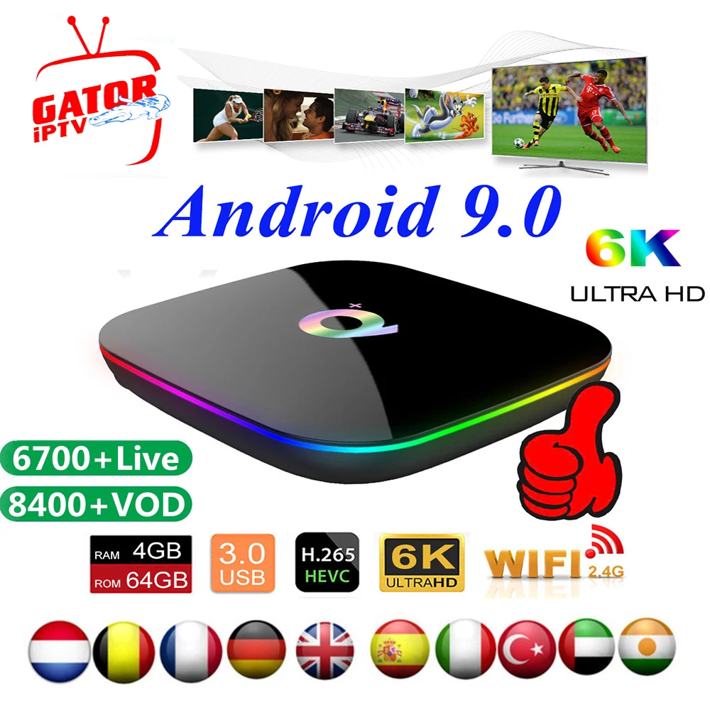 Q плюс ТВ коробка Android 9,0 с один год IP ТВ подписки 3D Media Player Европы Франции, Испании голландский Бельгии IPTV Set-top Box
