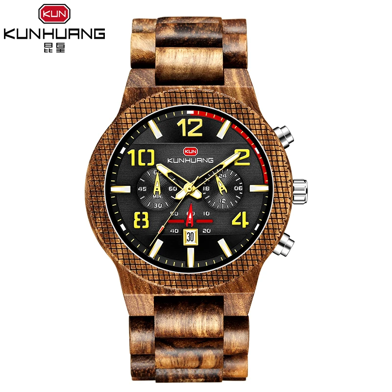 

kunhuang 1015 Chronograph feature pointer wooden relogio masculino antique fashion wooden material calendar men wrist watch