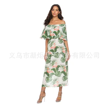 

Europe and America Summer New Style Sexy Tube Top Chiffon Printed Beach One-piece Dress Women's
