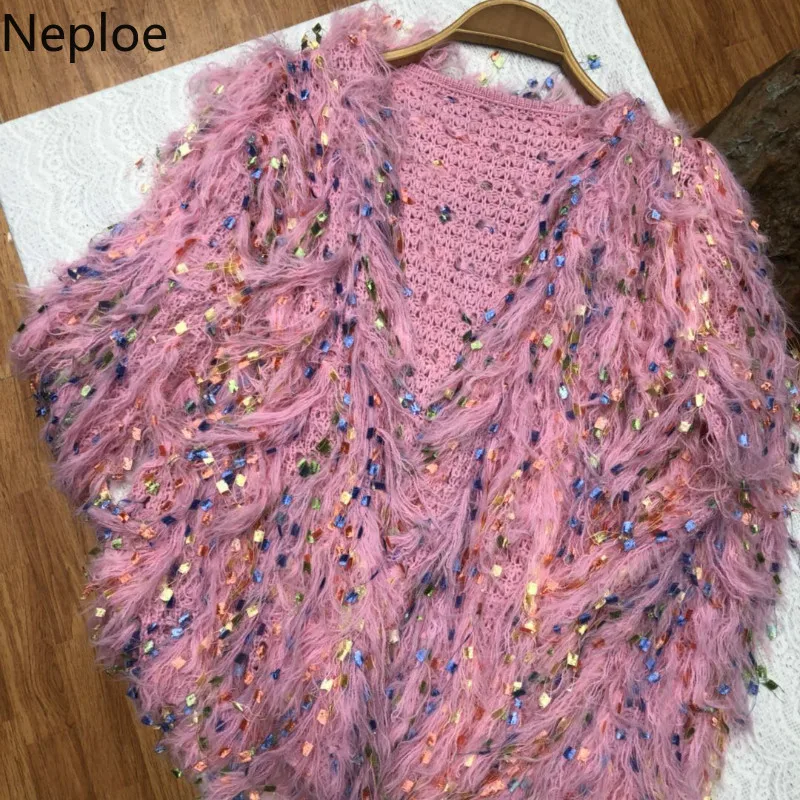 Neploe в Корейском стиле; платье с v-образным вырезом пэчворк с бахромой, расшитые блестками; Свитер с длинными рукавами свободные трикотажные Cardiigans Pull Femme пальто осенняя верхняя одежда 47357