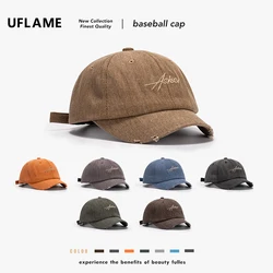 UFLAME New Men's Cap Cotton Short Brim Baseball Cap Hole Design Casual Sun Hat Letter Embroidery Snapback Hat Kpop Soft Top Caps
