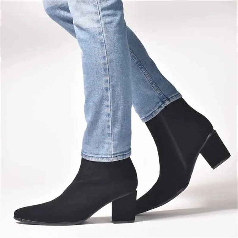 Fashion Men Ankle Boots Soft Leather Men Pointed Toe High Heels Waterproof Zipper Shoes Suede Comfortable Chelsea Boots