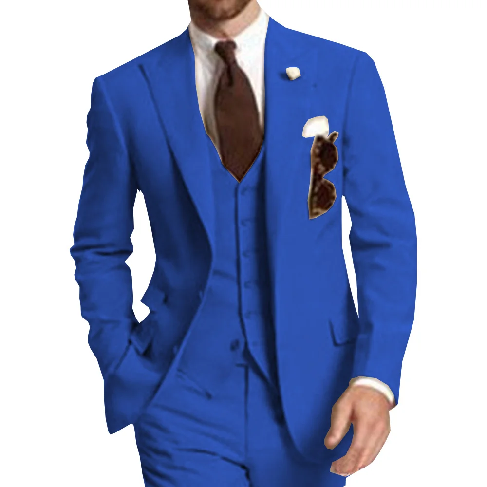 Beige Three Piece Business Party Best Men Suits Peaked Lapel Two Button Custom Made Wedding Groom Tuxedos 2019 Jacket Pants Vest