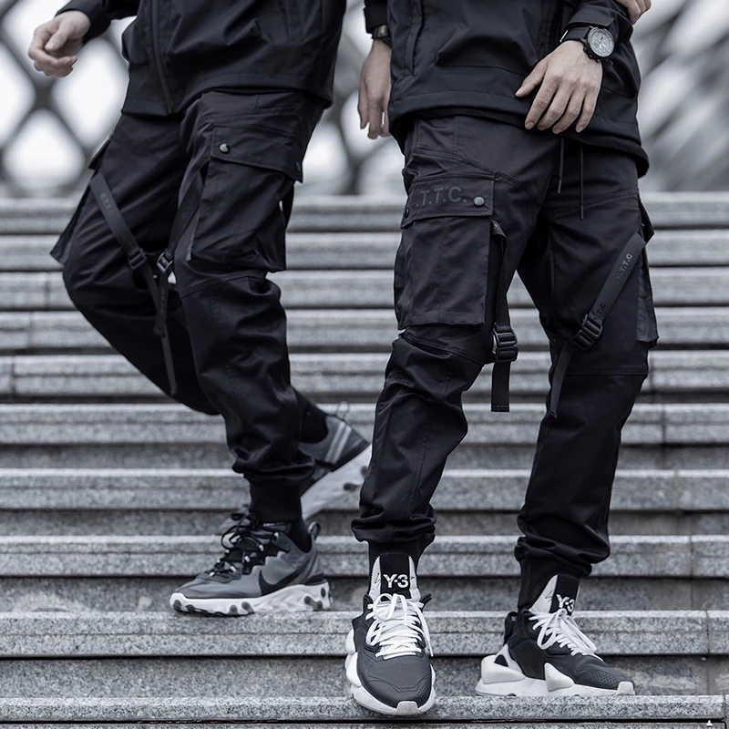 Новые модные темные стильные мужские брюки для бега, Осенние Хип-хоп уличные штаны с боковыми карманами и лентами, тонкие спортивные штаны, брюки-карандаш