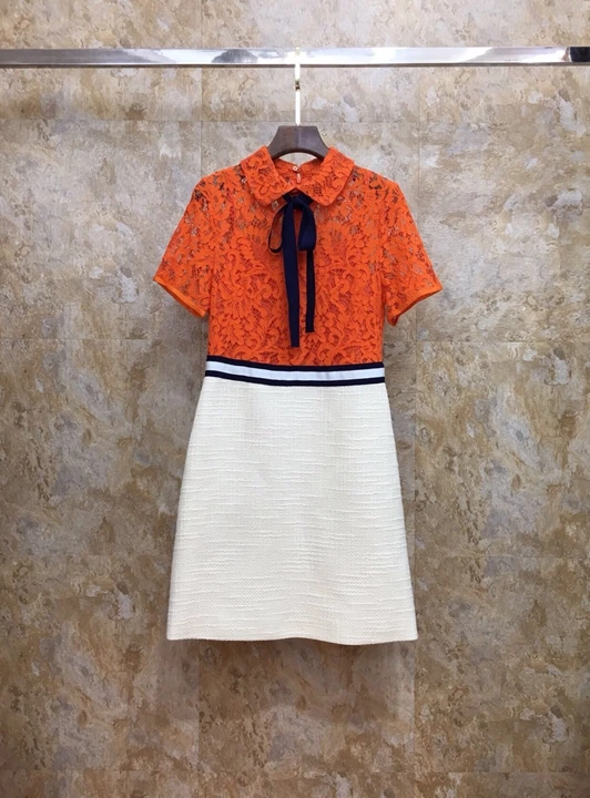 

2019 Early Autumn New Female Turn-over Tie, Colour Colour Neck, Lace Stitching Short Sleeve A-Swing Dress 824