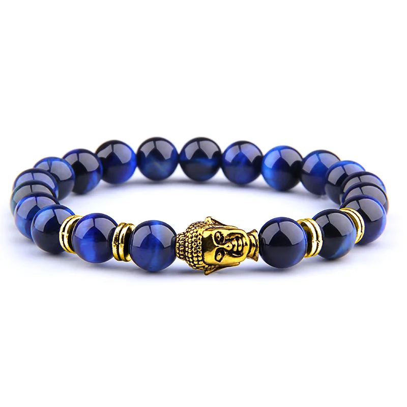 Fashion AAA Royal Blue Tiger Eye Men's Bracelet Beads Natural Stone Buddha Stretch Charm Bracelets for Women Men Jewelry - Окраска металла: Lapis Blue Tiger-1
