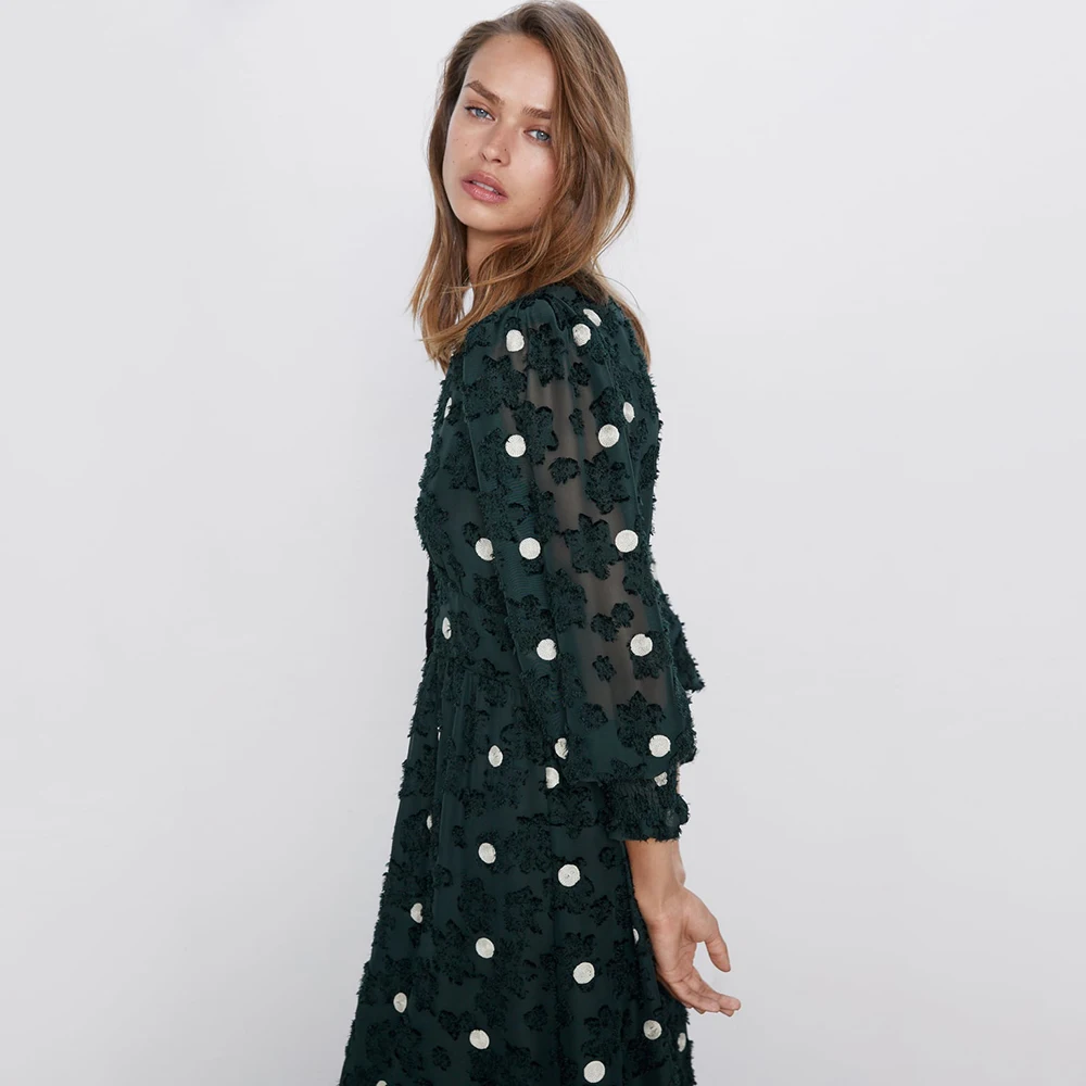 

New ZA Wave Point Dress Women 2019 Trendy V-Neck Long Sleeve Cuff Honeycomb Lattice Elastic Cuffs Design Charm Dress Wholesale