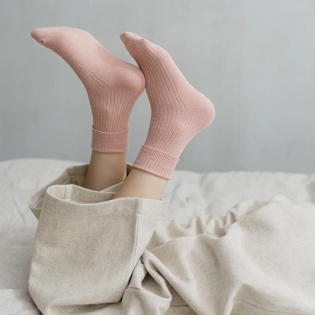 5 пар, Женские однотонные носки до середины ноги, хлопковые носки, удобные мягкие женские теплые фланцевые носки, зимние носки, harajuku skarpety