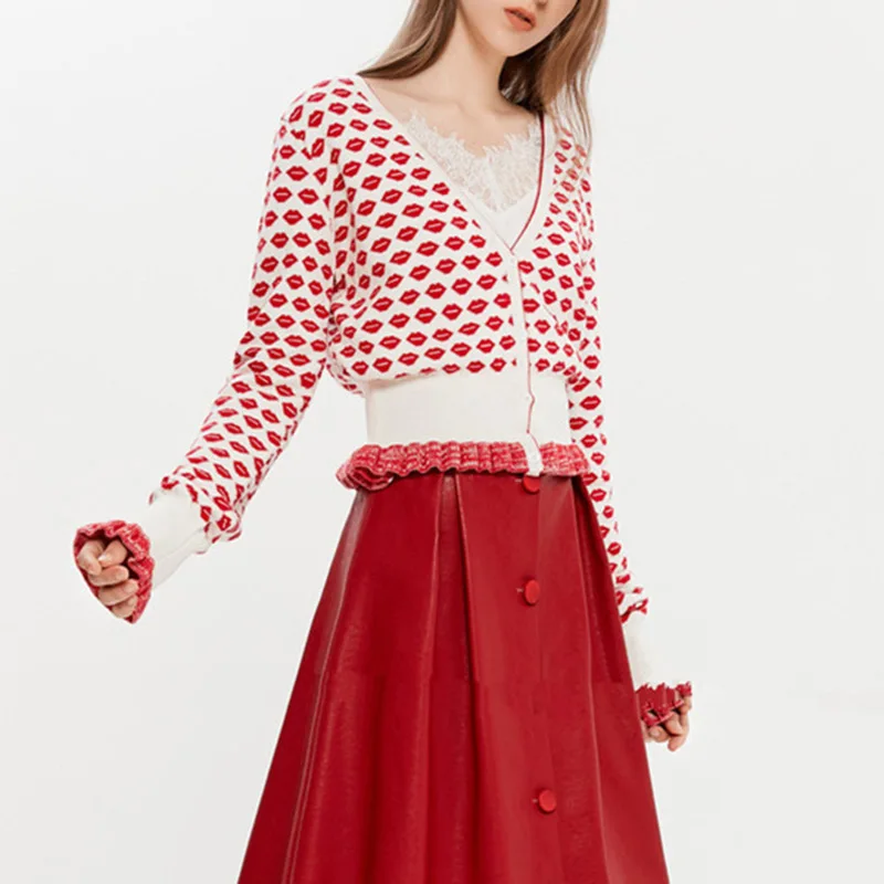 Женский Укороченный кардиган однобортный Жаккардовый трикотажный с V-образным