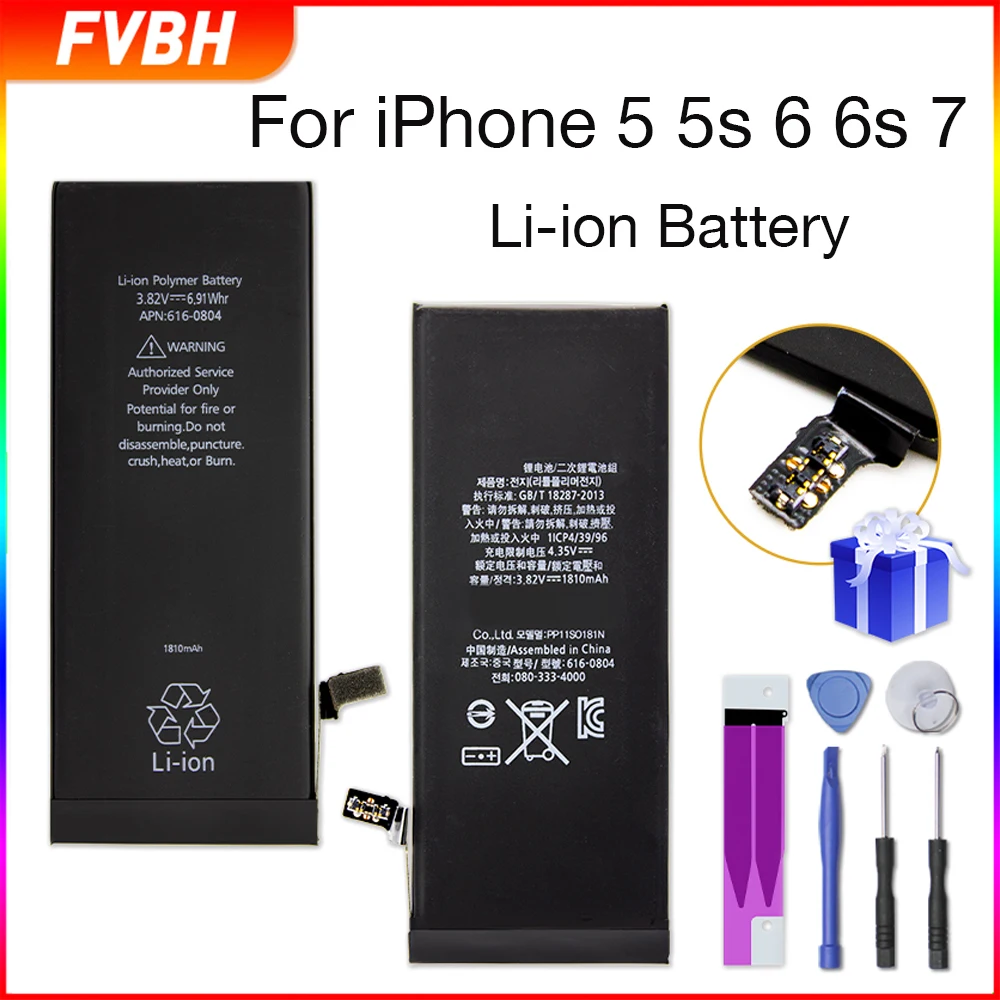 FVBH Батарея для iPhone 5 5S 6 6s 7 батарей для мобильных телефонов Замена 0 цикл Batteria для iPhone 6s с бесплатными инструментами+ Стикеры