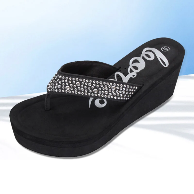 Женские блестящие шлепанцы на танкетке с кристаллами|Вьетнамки| |
