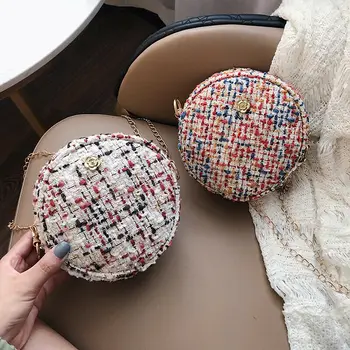 

Fashion Women Korean Style Woolen Handbag Summer Beach Tote PU Bag Round Circular Chain Shoulder Bags