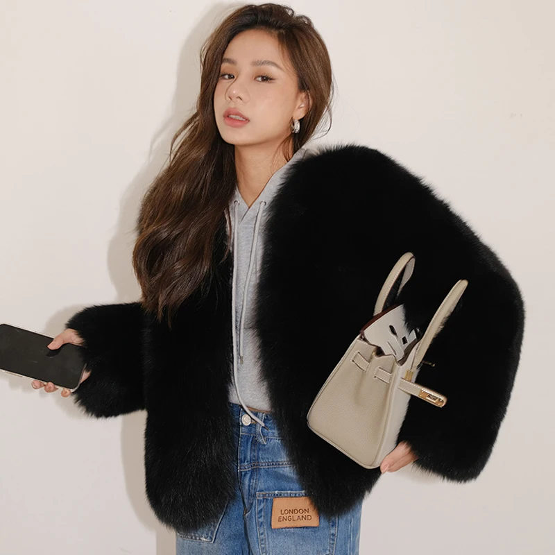 2022 Winter New Black Genuine Fox Fur Jackets Women High Quality Short Whole Skin Natural Woman Fox Fur Coats Luxury Outwear
