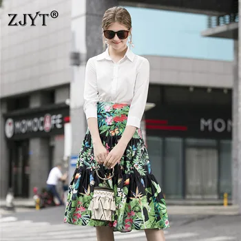 

Spring Summer Fashion Runway Set Women 2020 New Turn Down Collar White Blouse and High Waist Print Skirt Suit 2Pcs Clothes Sets