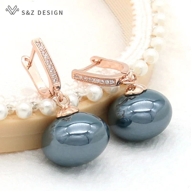 S&Z DESIGN New Trend Big Simulation Pearl Dangle Earrings For Women Wedding 585 Rose Gold Color Cubic Zirconia Jewelry Gift