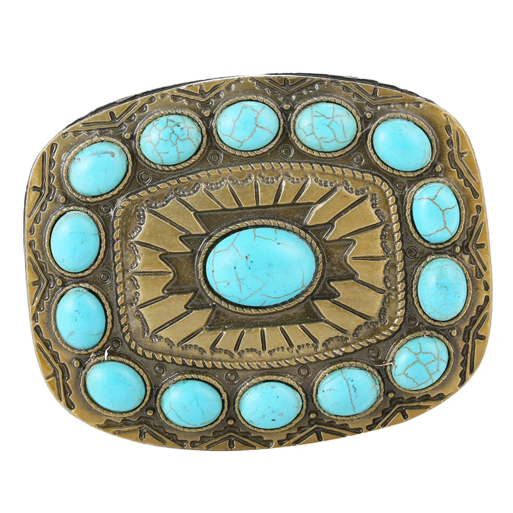 Vintage Cowboy Turquoise Bead Belt Buckle Women Blue Classic Boho Bronze Tone Buckles Point Square Buckle For 1.4-1.5inch belt