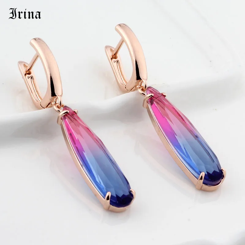 Rose Gold Long Earrings Water Drop Colorful Natural Zirconia Dangle Jewelry Gift