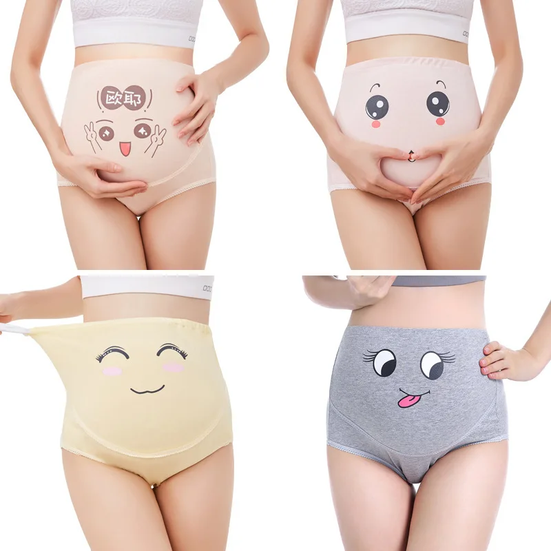 

High Waist Belly Support Pregnant Women Underwear Cartoon Face Pattern Panties Breathable Cotton Adjustable Maternity Underwear