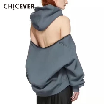 

CHICEVER Black Korean Women's Sweatshirts Hooded Long Sleeve Zipper Backless Off Shoulder Sweatshirt 2020 Autumn Fashion New
