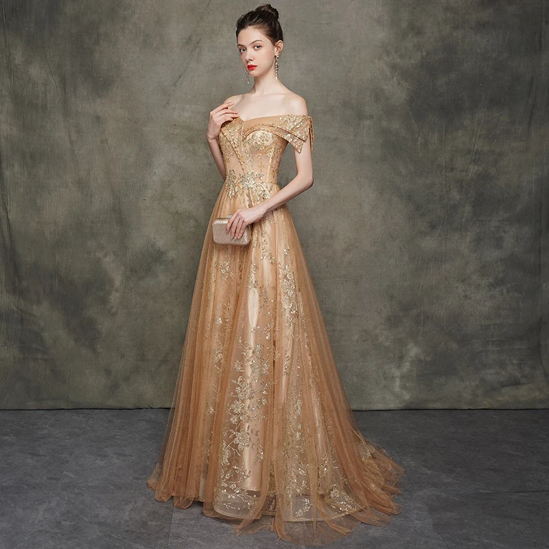 Vestido Formatura, золотое платье для выпускного вечера, длинное,, с открытыми плечами, Vestidos De Gala, вечерние платья с блестками, Robe De Soiree