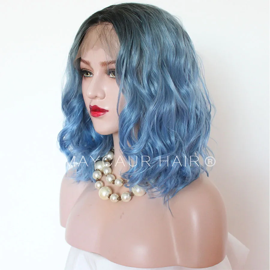 Maycaur Lace Front Wigs Short Wavy Hair Blue Color Synthetic Wigs for Black Women Natural Color Half Hand Tied Heat Resistant Soft Fiber Hair 16 Inch (4)