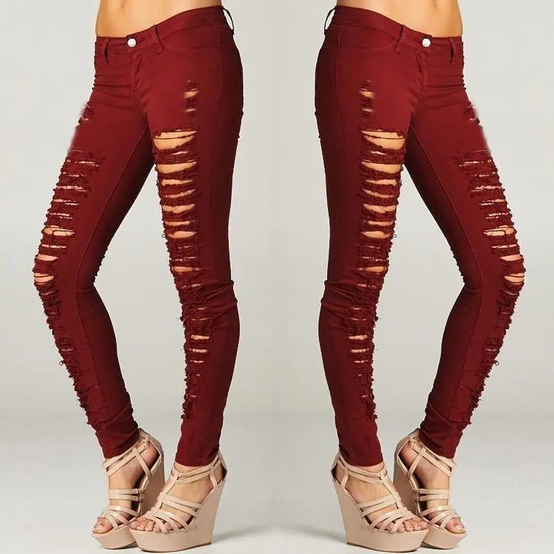 Рваные джинсы женские с дырками и потертостями тонкие джинсовые штаны бойфренд джинсы женские с высокой талией стрейч брюки карандаш - Цвет: Красный
