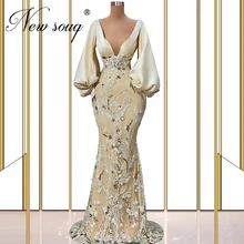 

Dubai Long Mermaid Evening Dresses With Beading Arabic Middle East V Neck Women Prom Dresses Robes Custom Made 2022 Party Gowns