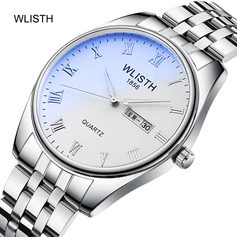 

Couple lady man business quartz luminous week calendar display steel belt women male 30 meters waterproof strap wrist watches
