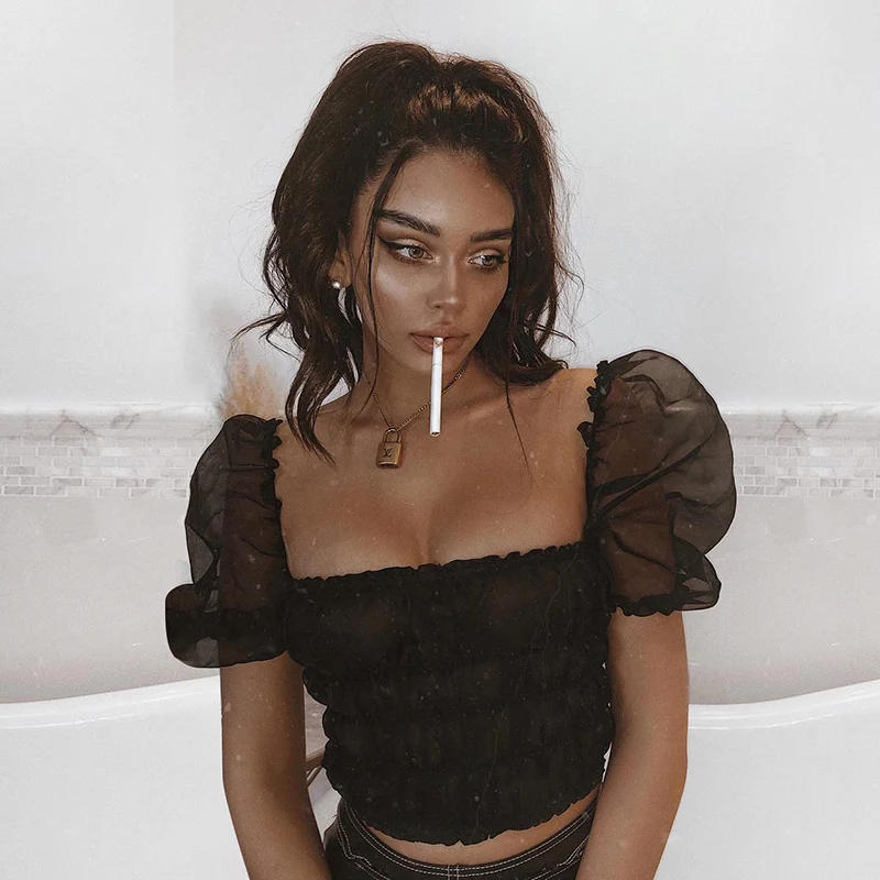 Women Crop Tops Black 2019 Summer Sexy Mesh See Through Sheer Tank Ruched Croptop Ruffles Puff Sleeve Tops (4)