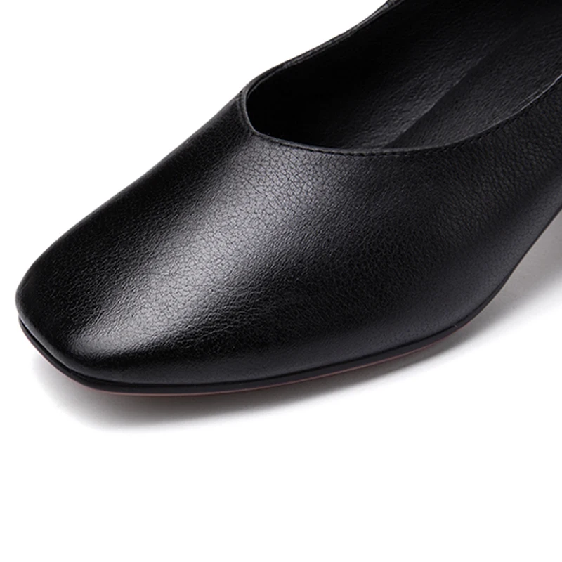 Mid Heels Women Genuine Cow Leather New Spring Autumn Elegant Ladies Heel Shoes C185 Woman Brown Black Square Toe Casual Pumps