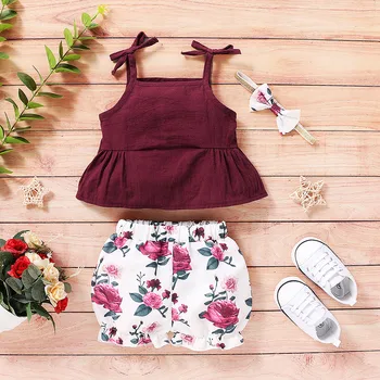 

Summer Baby Girls Clothes Suspender Solid Vest Sleeveless Tops+Floral Print Shorts Headbands Outfits Toddler Girl Clothes bebes