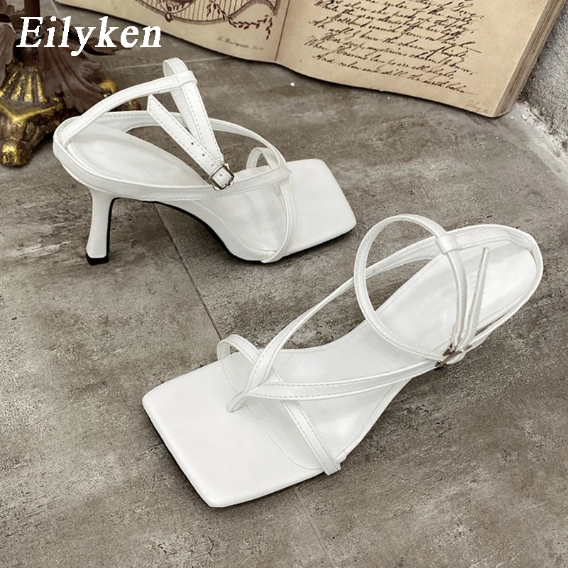 Women High Heels Ankle Buckle Sandals Narrow Band Gladiator Women Sandals Thin High Heels Shoes Elegant Square Toe Ankle Buckle Strap Party Pumps