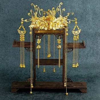 

Traditional Ancient Chinese Headwear Jewelry Set Gold Phoenix Step Shake Tiara Crown Long Tassel Drop Earrings for Bride Wedding