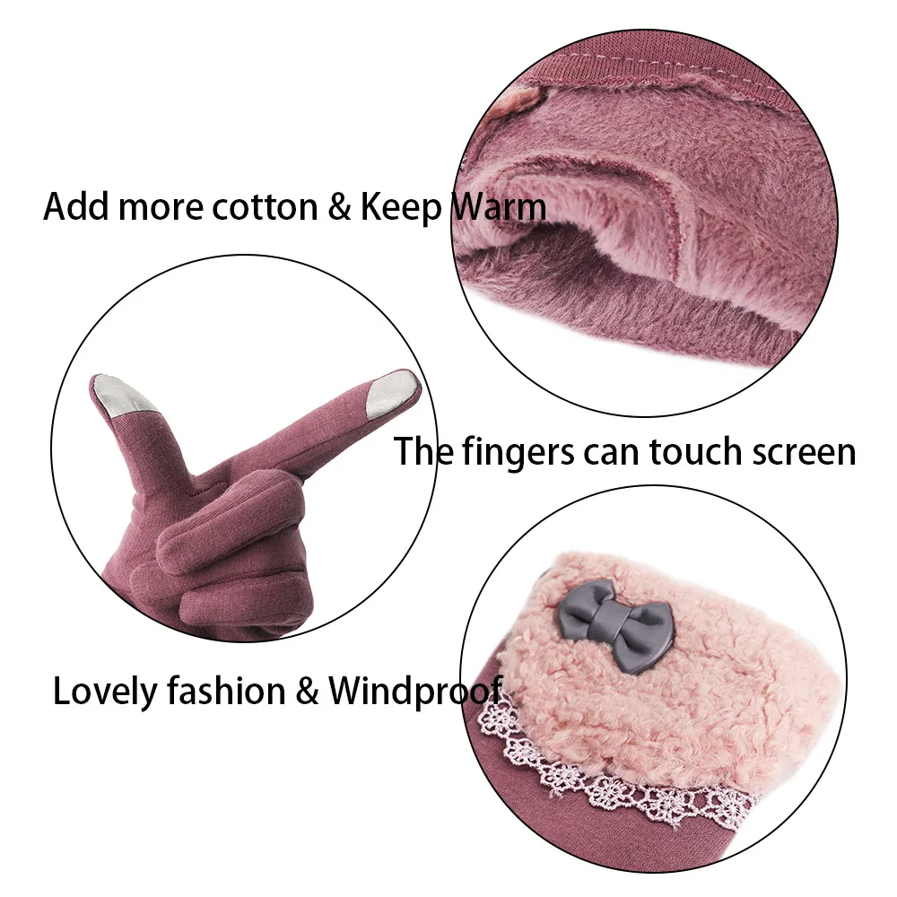 Fashion Women Touch Screen Gloves Bowknot Lace Winter Warm Driving Gloves Mittens