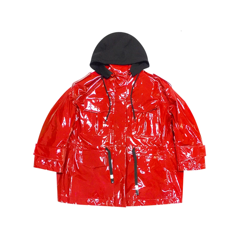 ZURICHOUSE брендовая куртка из лакированной кожи Женская Осенняя Harajuku стильная Глянцевая красная свободная Водонепроницаемая Куртка с капюшоном куртка из искусственной кожи