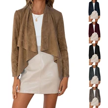 

Women Lapel Collar Faux Deerskin Velvet Short Jacket Ladies Casual Elegant Irregular Hem Solid Color Ruffle Coat Autumn Clothing