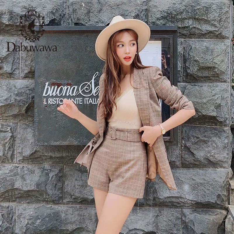 Dabuwawa клетчатый двухкомпонентный женский короткий костюм элегантный осенний офисный женский пиджак короткие костюмы женский Блейзер костюм наборы DN1CSA008