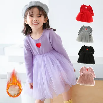 

2020 Girl Dress Toddle Love Print O neck Long Sleeve Lace Cute Dress For Kids Winter Thicken Princess Dresses Match