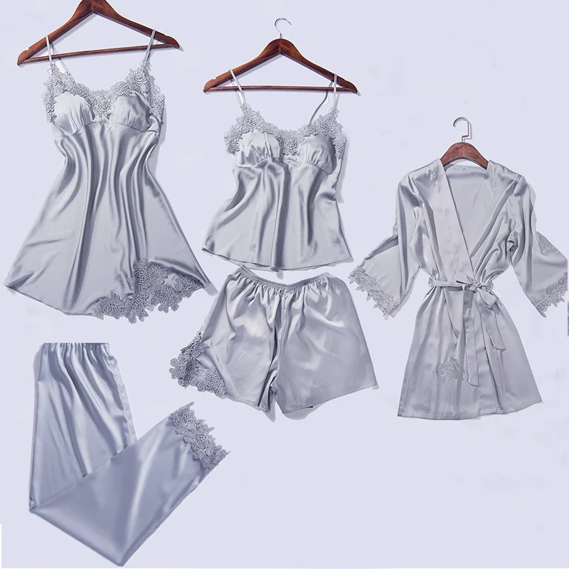 Пикантная Пижама-кимоно из 5 предметов халат Женский костюм с топом на бретельках