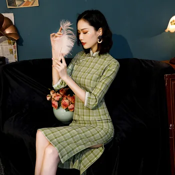 

Cotton Vintage Plaid Print Women Oriental Robe Cheongsam Modern Qipao Female China Elegant Daily Party Chinese Traditional Dress